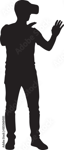 Full body silhouette of a man wearing VR goggles, actively gesturing with hands as if interacting in a virtual space. , Generative Ai