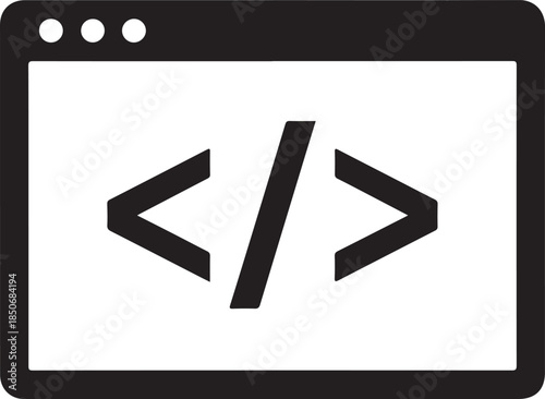 A clean black icon representing a computer browser window with code symbols, symbolizing programming and web development. , Generative Ai