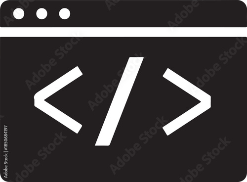 Stylized icon of a web browser window displaying the code symbol </>, signifying programming, software, and web development. , Generative Ai