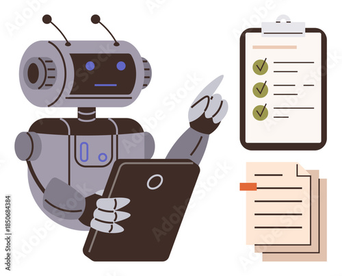 Robot holding a tablet, reviewing a checklist on a clipboard and papers. Ideal for automation, technology, AI, productivity, organization, task management workflow. Simple flat metaphor