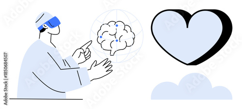 Virtual reality, artificial intelligence, innovation, healthcare, human connection, futuristic technology. Person wearing VR headset pointing at a brain and heart graphic. Virtual reality and AI