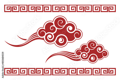 Traditional chinese red auspicious cloud graphic with meander border design element vector