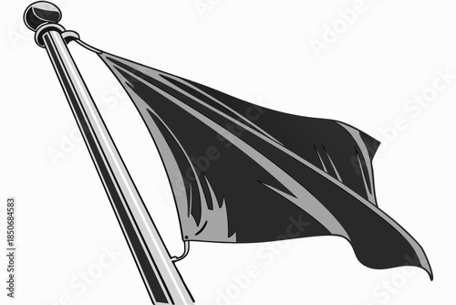 Simple black and white illustration of a mourning flag waving gently from a flagpole