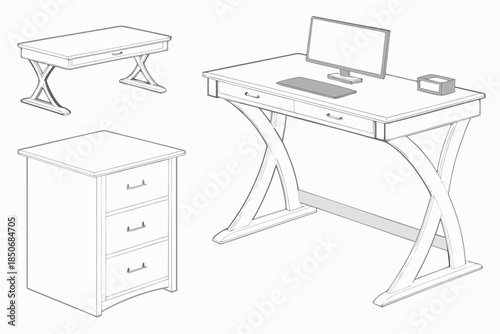 Line art illustration of a home office furniture set featuring an x-base desk and drawer cabinet