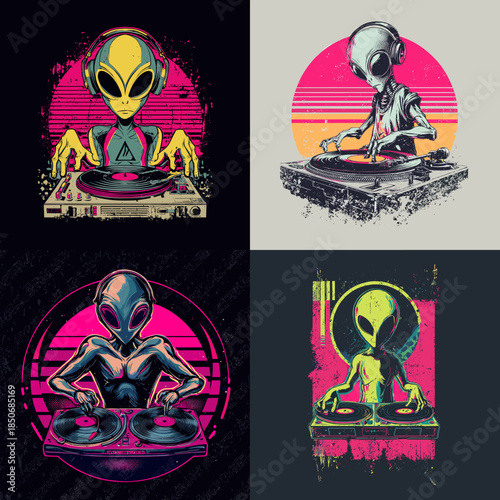 Retro alien DJ illustration with neon colors and vinyl turntable creating a vibrant sci fi music scene ideal for posters apparel gaming art and futuristic pop designs