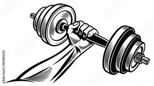 Strong Hand Holding Dumbbell Fitness Gym Black White Illustration