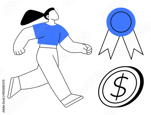 Achievement, motivation, recognition, financial gain, success, reward. A person walking, next to an award ribbon and a dollar coin. Achievement and recognition theme creatively