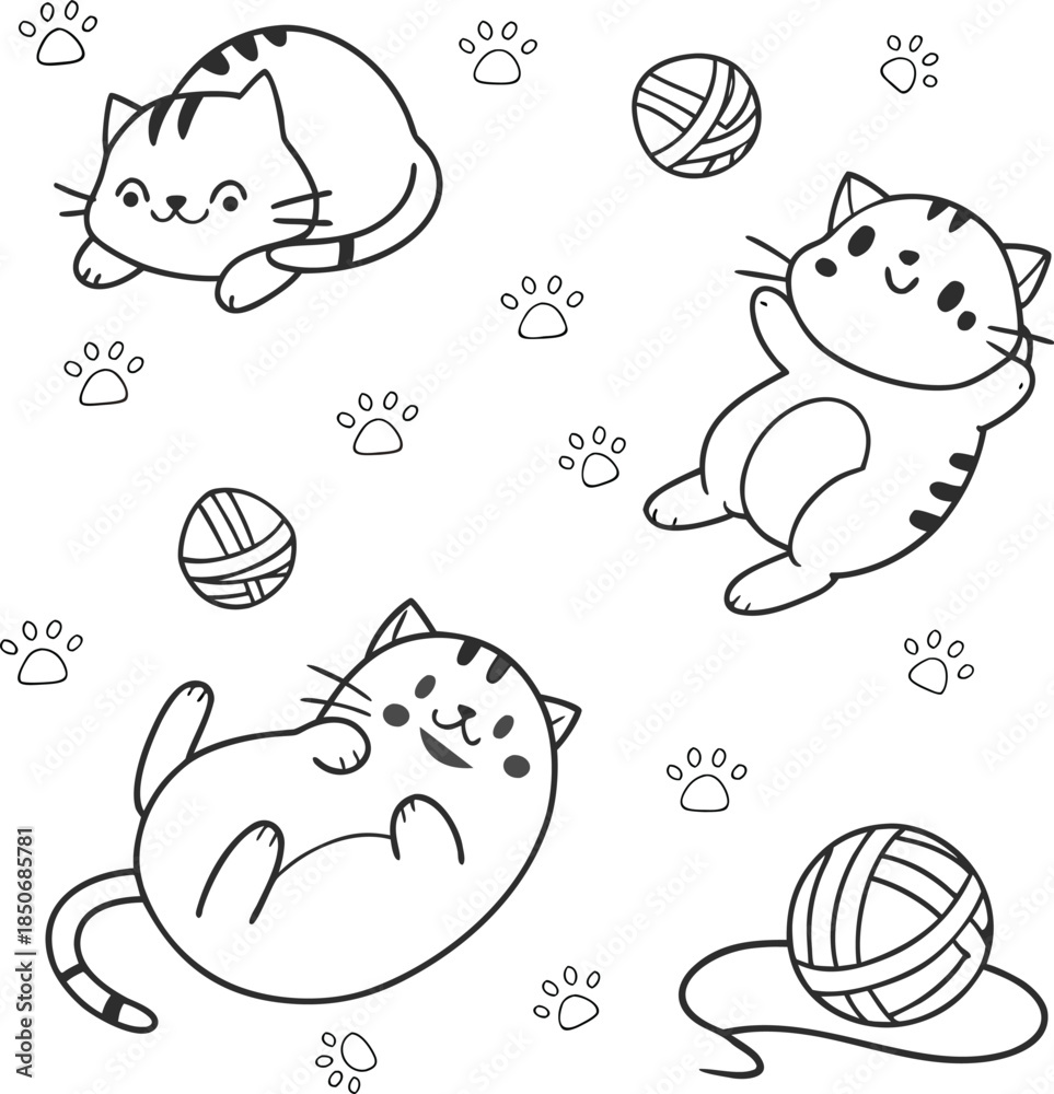 Fototapeta premium A playful scene depicts adorable cartoon cats lounging batting and surrounded by yarn balls and paw prints