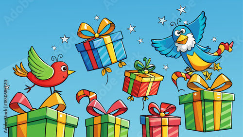 Birds celebrating with colorful gifts
