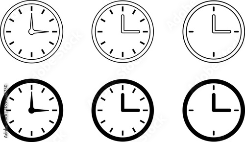 Simple black and white illustration showcasing six different clock faces