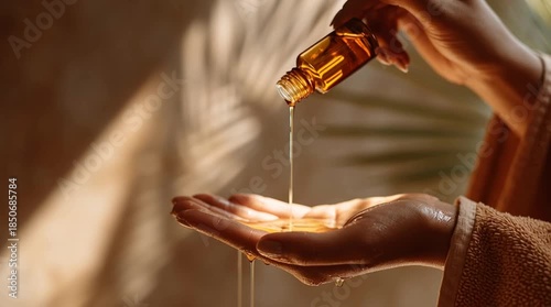 Close-up of a female hand gently pouring amber-colored oil into the palm, sunlight reflections on liquid, wooden bathroom background, warm Moroccan amber tones, luxury natural skincare video aesthetic