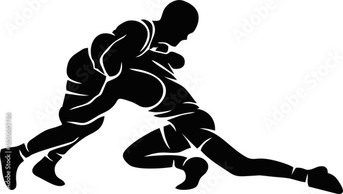 Silhouette of Two Male Wrestlers Grappling in Competitive Match Vector