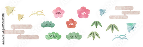 松竹梅の水彩コラージュ