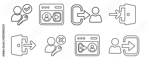 set of  Login and logout Stroke icon set. Sign in and sign out etc Solid vector icon symbol illustration