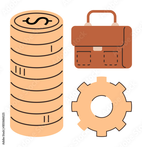 Stack of coins, brown briefcase, and gear representing finance, work processes, industry, and productivity. Ideal for business growth, entrepreneurship, teamwork efficiency investment