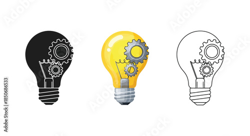 Set of three light bulb icons with gears representing ideas and innovation in black silhouette, color, and outline styles