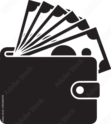 Black wallet icon with fan of banknotes symbolizing money, finance, and wealth , Generative Ai