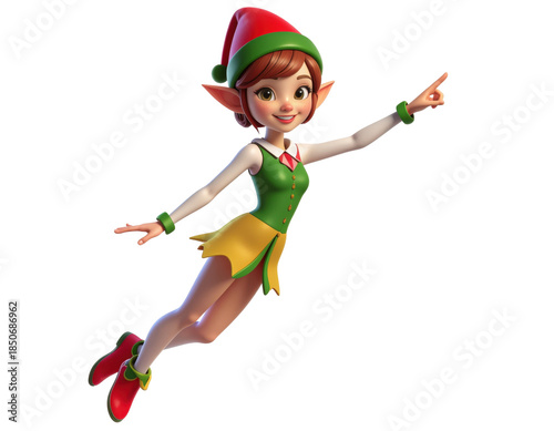 Cheerful Young Elf Character Pointing with Joy in a Festive Holiday Costume on Transparent Background