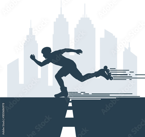 Silhouette of a fast inline skater racing through a city landscape. Ideal for urban fitness, extreme sports, and speed skating designs. A dynamic vector graphic showing motion and athletic power.