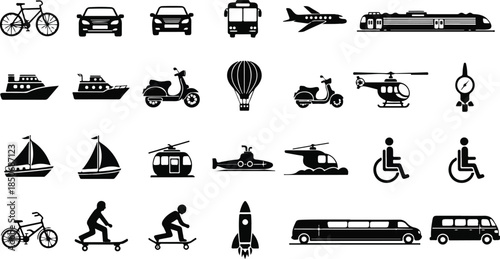 Variety of transportation icons and symbols in black and white