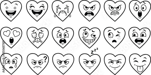 A variety of heart shaped emoticon faces with different emotions and expressions