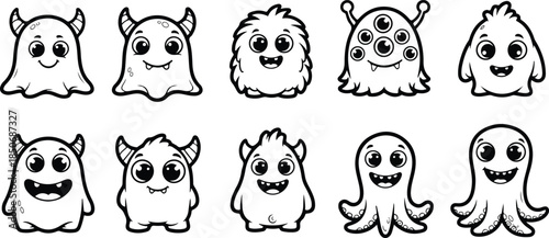 A set of ten cartoon ghost characters with unique expressions and features