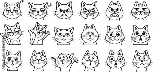 A collection of 16 different cartoon cat faces and expressions