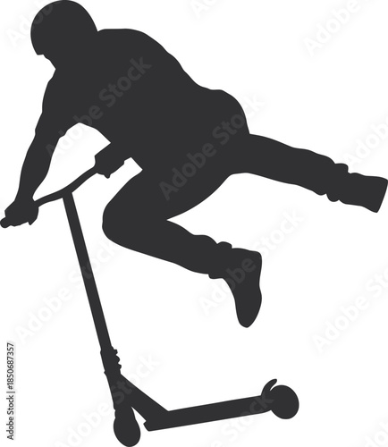 Dynamic silhouettes of scooter riders performing mid-air stunts and sharp turns. High-contrast vector graphics ideal for extreme sports branding, skatepark apparel, and urban lifestyle designs.