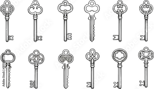 Collection of 10 antique style keys with ornate designs