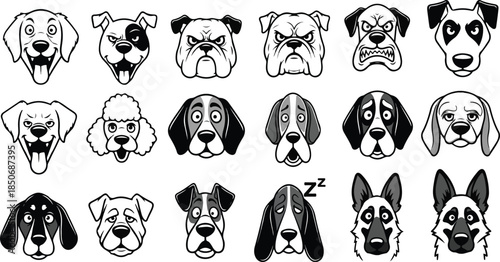 Collection of 16 different dog breed heads in black and white