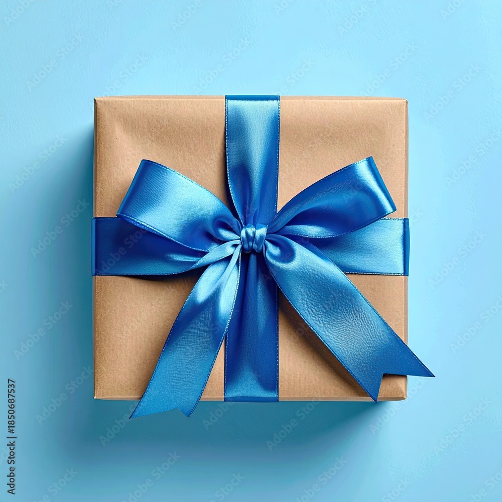 custom made wallpaper toronto digitalA square kraft paper gift box, tied with a vibrant blue satin ribbon bow, sits on a light blue surface