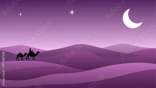 Camels in the desert under the moon