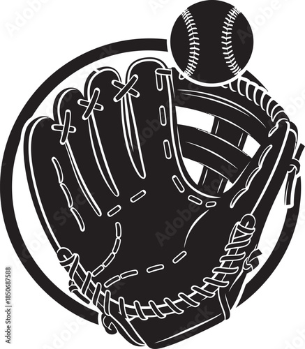Action-oriented baseball glove and ball silhouette graphic. Perfect for sports team branding, league logos, and baseball apparel. A clean vector design capturing the essence of the game.