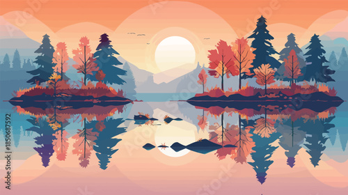 Autumn-colored island in a tranquil lake, peaceful fall landscape with reflection, serene nature scenery, calm water and vibrant foliage