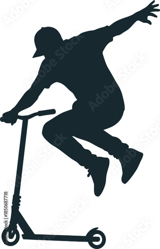 Dynamic scooter rider silhouettes featuring extreme stunts, mid-air tricks, and ramp jumps. Ideal for skatepark events, apparel design, and urban sports branding. High-quality vector clip art.