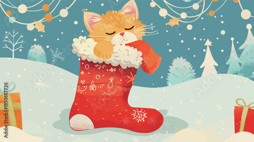 Cute baby cat inside Christmas stocking, adorable kitten illustration, festive holiday pet character, kawaii style, flat vector design, Christmas decoration isolated on white background