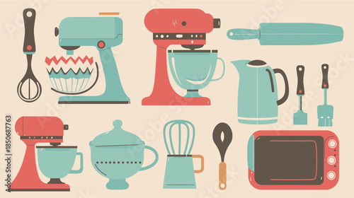 Bakery tool icons set including mixer, oven, cupcake tray, spatula, whisk and rolling pin, flat vector illustration, clean outline, simple shapes, isolated on white background