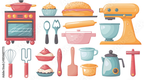 Bakery tool icons set including mixer, oven, cupcake tray, spatula, whisk and rolling pin, flat vector illustration, clean outline, simple shapes, isolated on white background