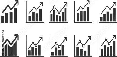 Collection of black and white graph icons with upward trending charts