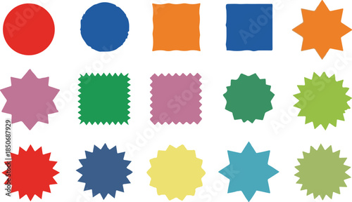 A collection of 14 colorful shapes on a white background