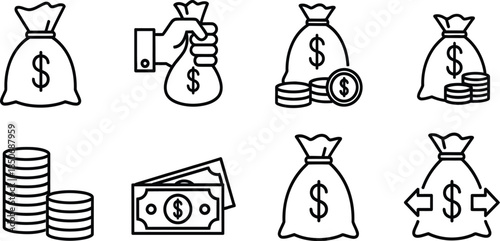 Financial icons including money bags coins and banknotes