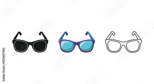 Set of three sunglasses icons in solid black, color, and outline styles