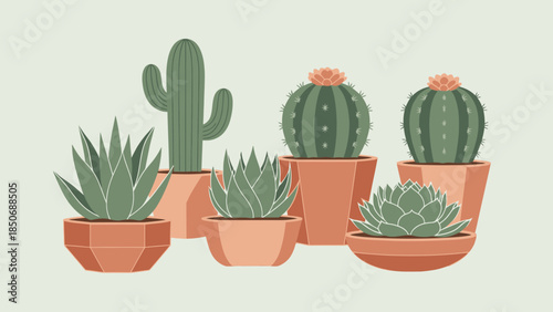 A delightful collection of potted succulent and cactus plants, ideal for home decor inspiration and botanical art