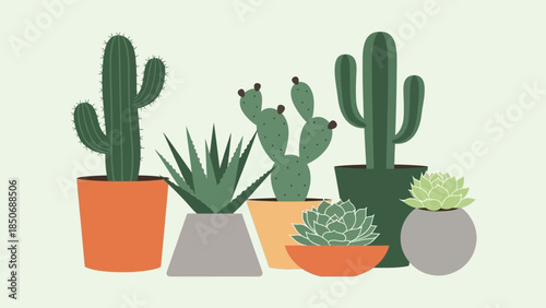 Collection of various potted succulent plants and cacti on a plain background