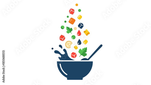 A bowl of vibrant fruits and vegetables splashing into a culinary creation, symbolizing healthy eating and fresh ingredients