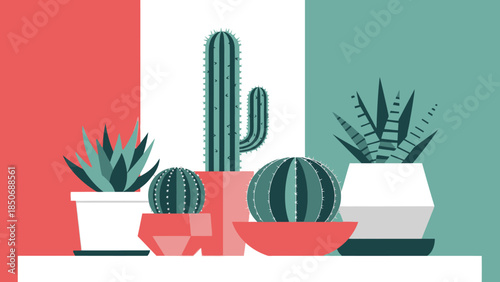 Collection of Potted Cacti and Succulents in Geometric Planters on a Shelf