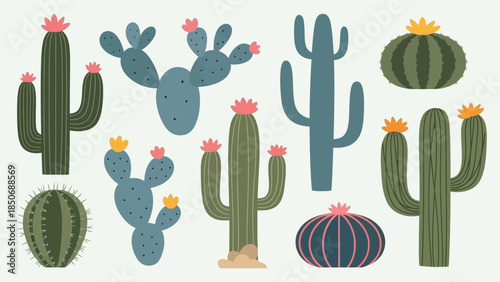 Diverse collection of illustrated cacti and succulents in various shapes and sizes, perfect for desert-themed designs