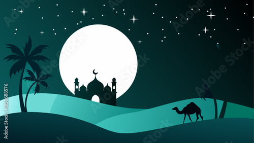 Desert night with camel and mosque
