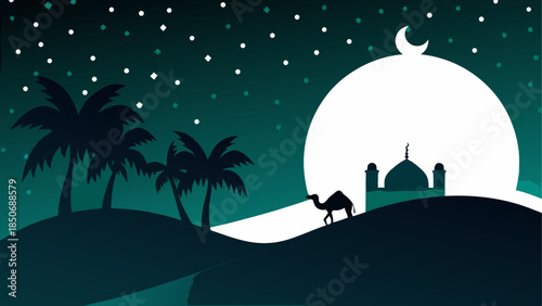 Desert night with camel and mosque