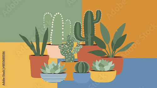 Collection of potted houseplants arranged in a visually appealing and modern composition, showcasing various succulent and cactus varieties with a geometric color block background